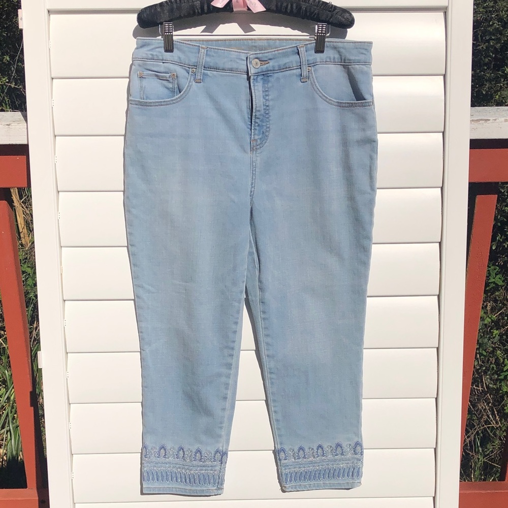 Chico's So slimming girlfriend slim leg crop jeans with Embroidered Ankles